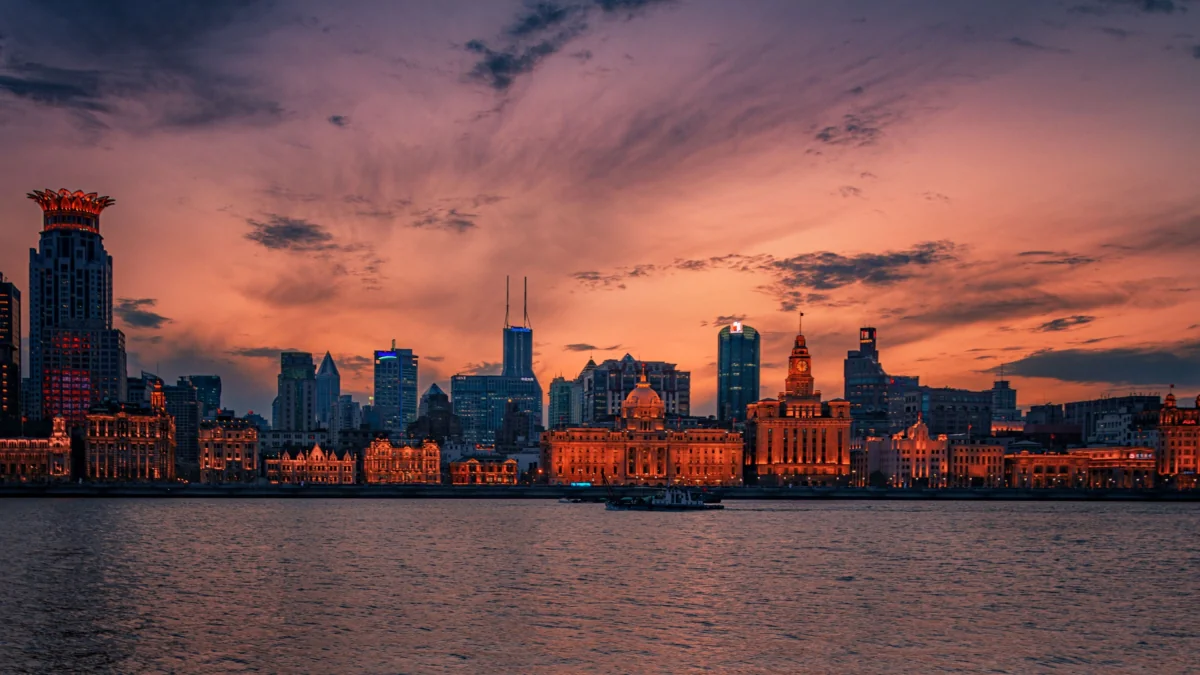 A Blazing Sunset Over the Waidan Waterfront in Shanghai