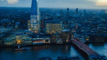 The lights of London at night, with The Shard skyscraper