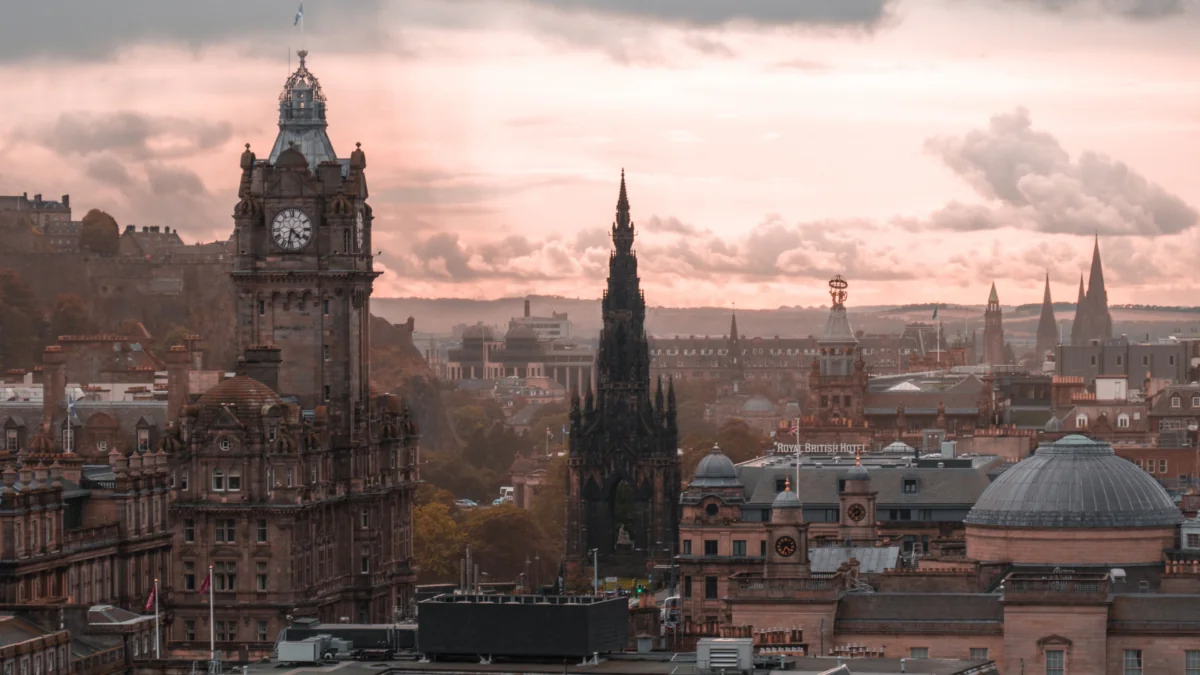 The sunset sky over Edinburgh's historic center