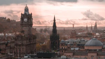 The sunset sky over Edinburgh's historic center