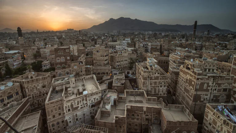 Sunset over the ancient houses of Sana'a in Yemen