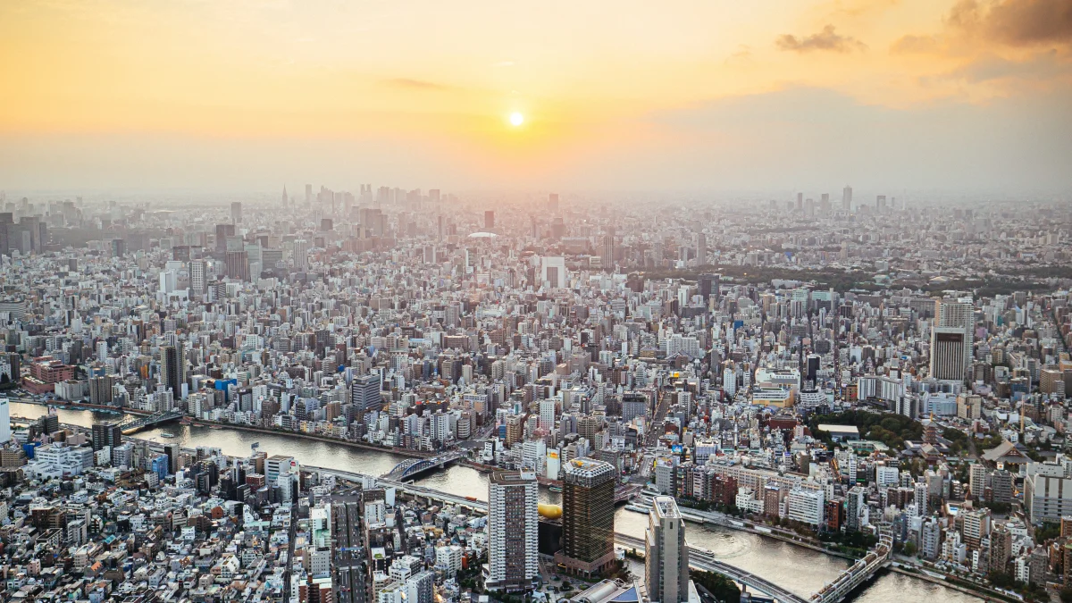 a golden dawn over the endless neighborhoods of tokyo, tokyo, japan, bridges, cities, city, cityscape, cityscapes, morning, rivers, canals, streams, sky, skyscrapers, sun, sun rays, sunlight, rays, sunrises, dawn, architecture, world