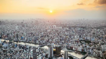 A golden dawn over the endless neighborhoods of Tokyo