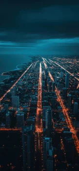 the lights of chicago and lake michigan, usa, chicago, u.s., cities, city, cityscape, cityscapes, lakes, bodies of water, michigan, night lights, lights, streetlights, street lamps, lighting, night, roads, highways, motorways, avenues, driveways, passageways, skyscrapers, streets, the city at night, united states, architecture, world