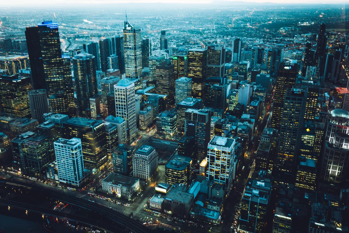 a bird's-eye view of melbourne's evening lights, melbourne, australia, cities, city, cityscape, cityscapes, evening, evenings, twilight, dus, night lights, lights, streetlights, street lamps, lighting, night, roads, highways, motorways, avenues, driveways, passageways, skyscrapers, streets, architecture, world