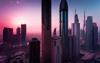 a pink sunrise over the skyscrapers of dubai, as seen from the burj khalifa, burj khalifa, uae, cities, city, cityscape, cityscapes, contemporary architecture, dubai, morning, sky, skyscrapers, sun, sun rays, sunlight, rays, sunrises, dawn, united arab emirates, architecture, world