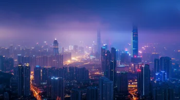 the twinkling lights of shenzhen at night in the fog, chongqing, china, cities, city, cityscape, cityscapes, contemporary architecture, fog, night lights, lights, streetlights, street lamps, lighting, night, roads, highways, motorways, avenues, driveways, passageways, sky, skyscrapers, the city at night, architecture, world