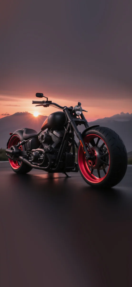 Чорний мотоцикл Harley-Davidson на тлі гір під час заходу сонця