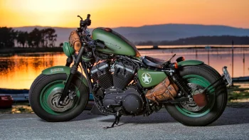 Зелений Harley-Davidson Sportster на тлі неба під час заходу сонця