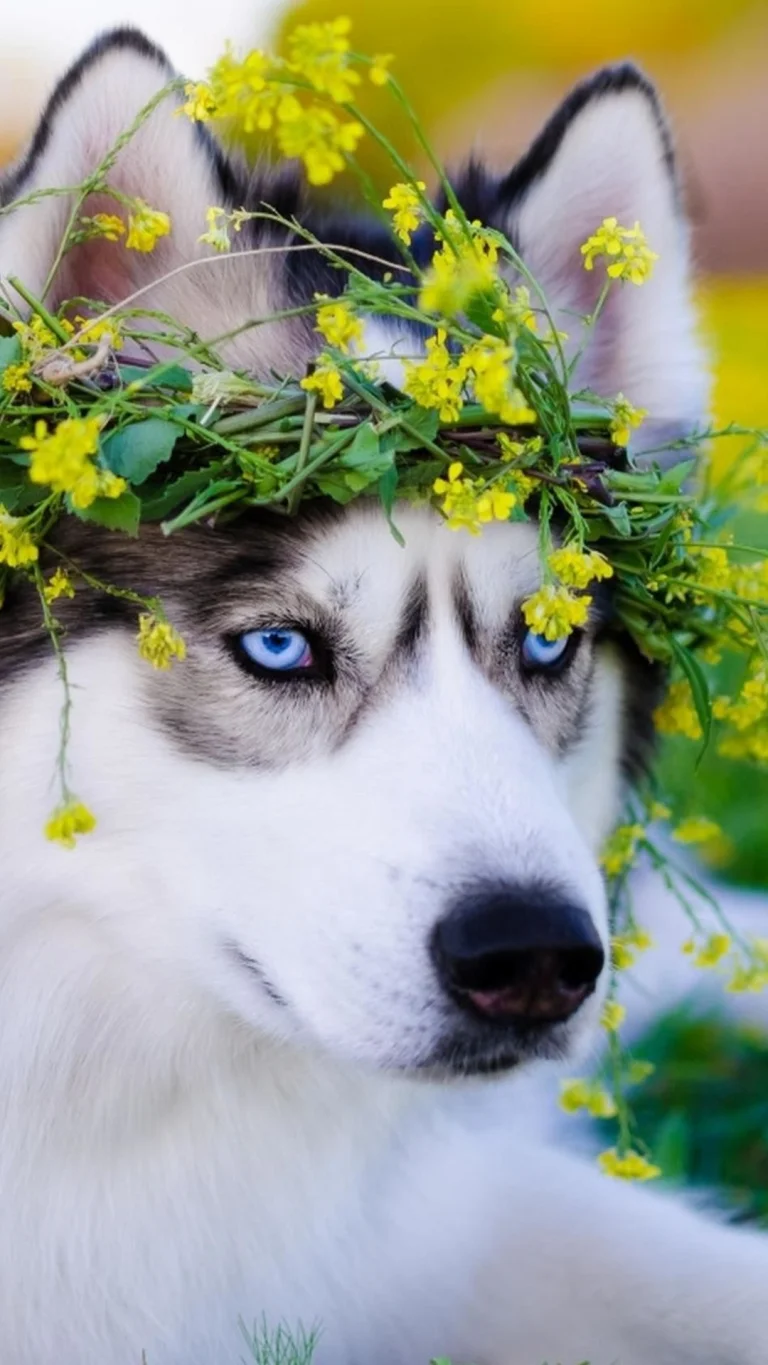 a blue-eyed husky wearing a wreath of wildflowers, dogs, flowers, husky, look, views, glance, animals, fauna