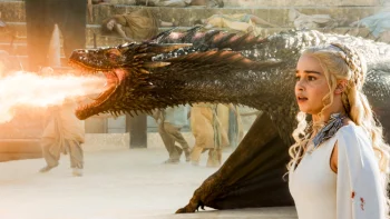 daenerys targaryen and the fire-breathing drogon, emilia clarke, arenas, characters, actors, dragons, fire, game of thrones, tv shows, women, movies, cinema