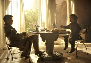 jaime and tyrion lannister at the table, nikolai koster-waldau, peter dinklage, characters, actors, food, furniture, game of thrones, interiors, men, nikolaj coster-waldau, tv shows, usa, united states, movies, cinema