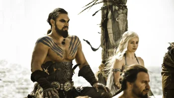 khal drogo and daenerys targaryen in essos, emilia clarke, jason momoa, actresses, characters, actors, game of thrones, men, tattoos, tv shows, warriors, women, movies, cinema