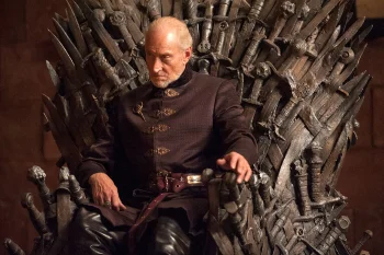 tywin lannister on the iron throne in king's landing, charles dance, characters, actors, game of thrones, men, swords, tv shows, weapon, movies, cinema