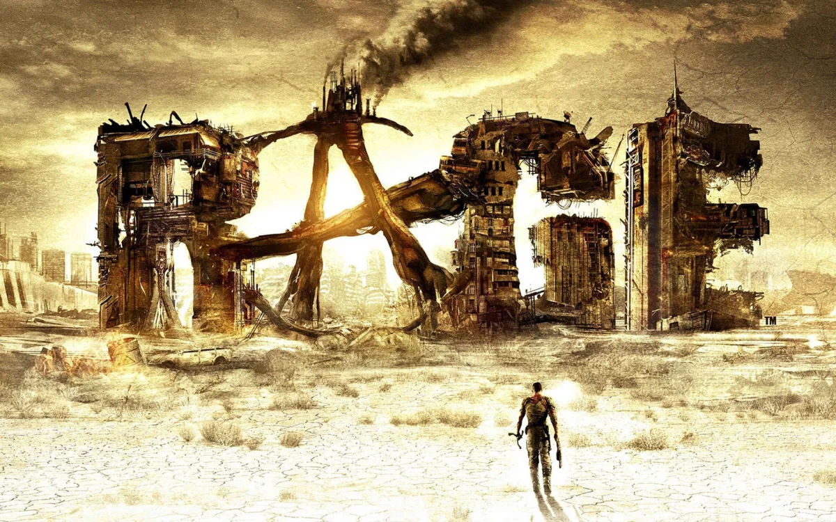 A lone traveler in the ruined world of the game "Rage"