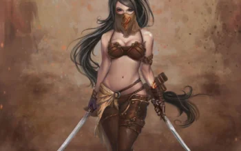 A warrior with swords in a dusty desert