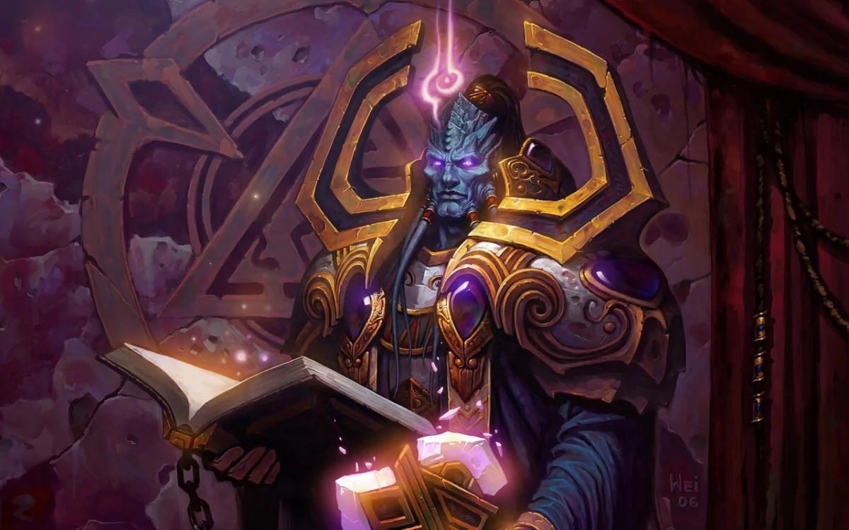 A seer of the Drenai, holding an ancient tome in a mysterious sanctuary