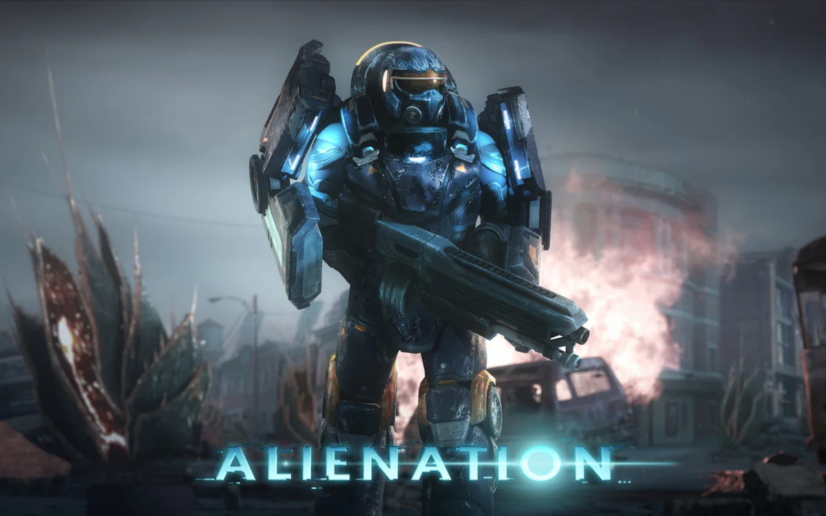 Боец в тяжелой броне на фоне дымящихся руин в Alienation