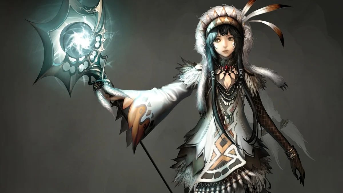 A young female shaman in a fur outfit holding a glowing staff