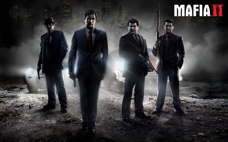 Віто Скалетта та його соратники на тлі нічного міста в грі Mafia II