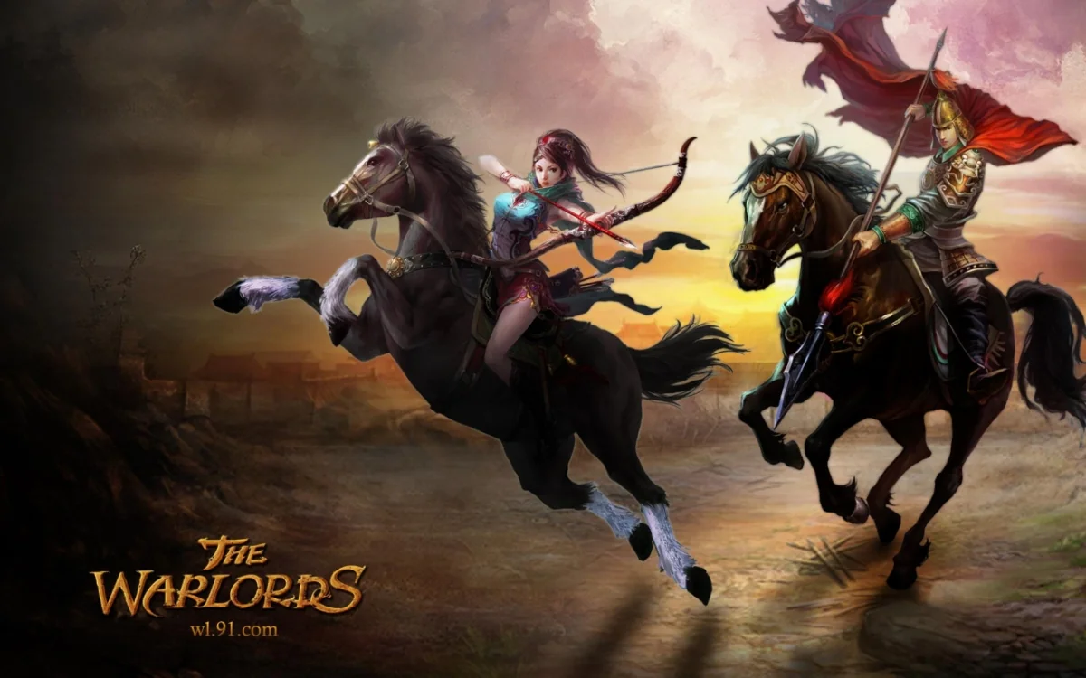 Warriors on horseback in the rays of the setting sun