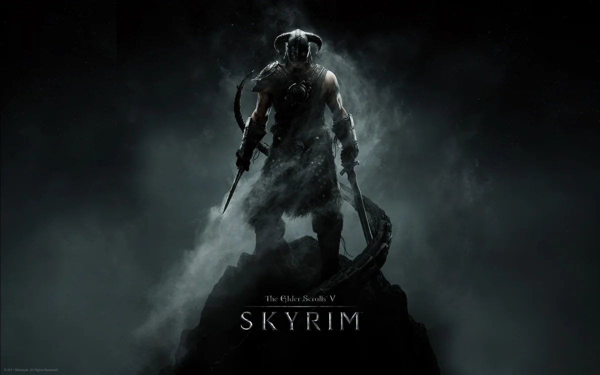 Довакін у рогатому шоломі на вершині скелі Skyrim