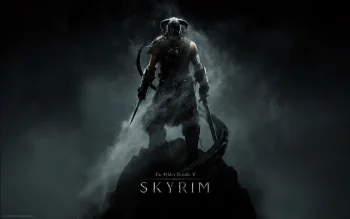 Довакін у рогатому шоломі на вершині скелі Skyrim