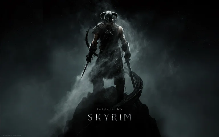 Довакін у рогатому шоломі на вершині скелі Skyrim