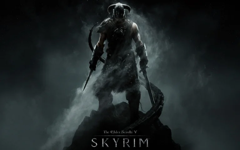 Довакін у туманному світлі на вершині скелі в Skyrim