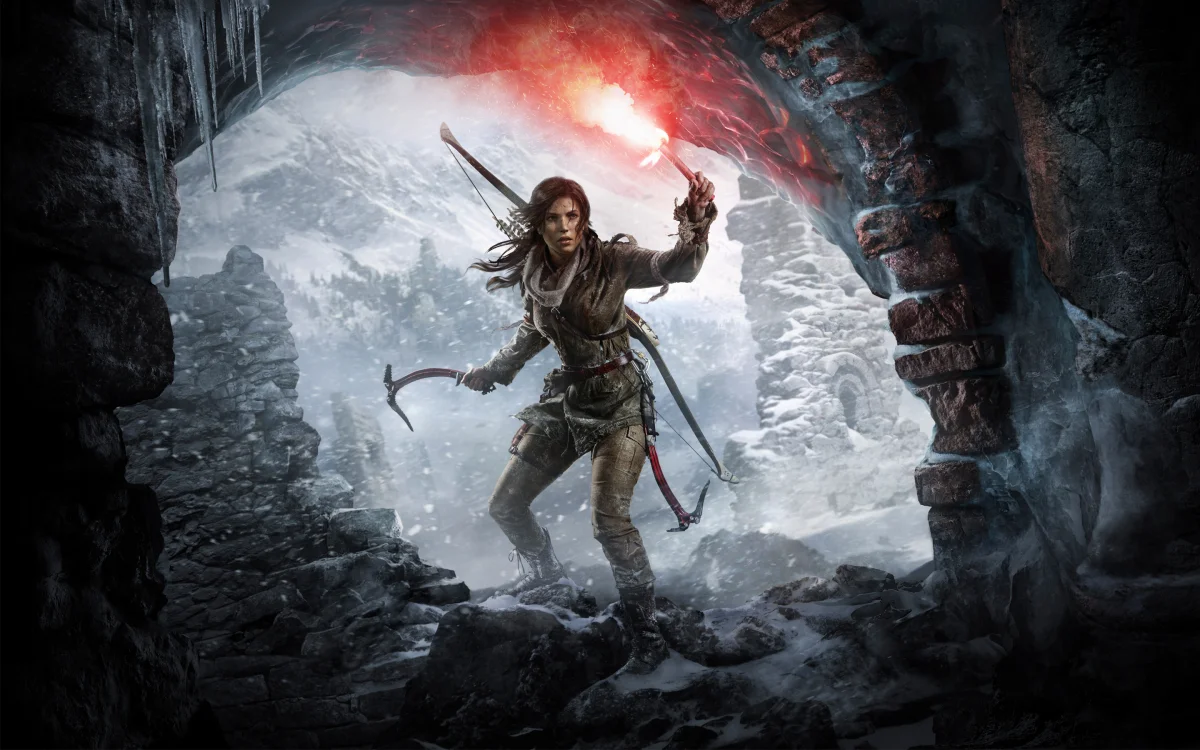 Lara Croft with a signal flare in snow-covered ruins