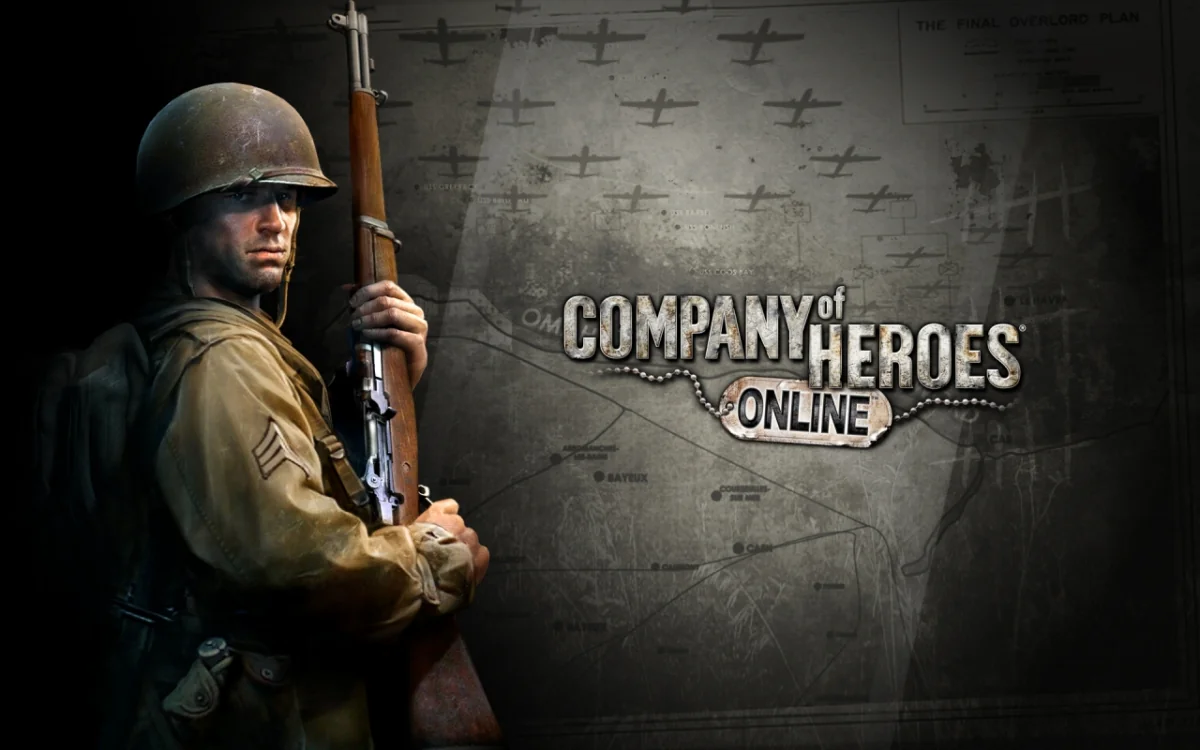 A soldier with an M1 Garand rifle against the backdrop of a tactical map in "Company of Heroes Online"
