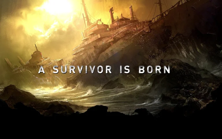 A wrecked ship bathed in golden light
