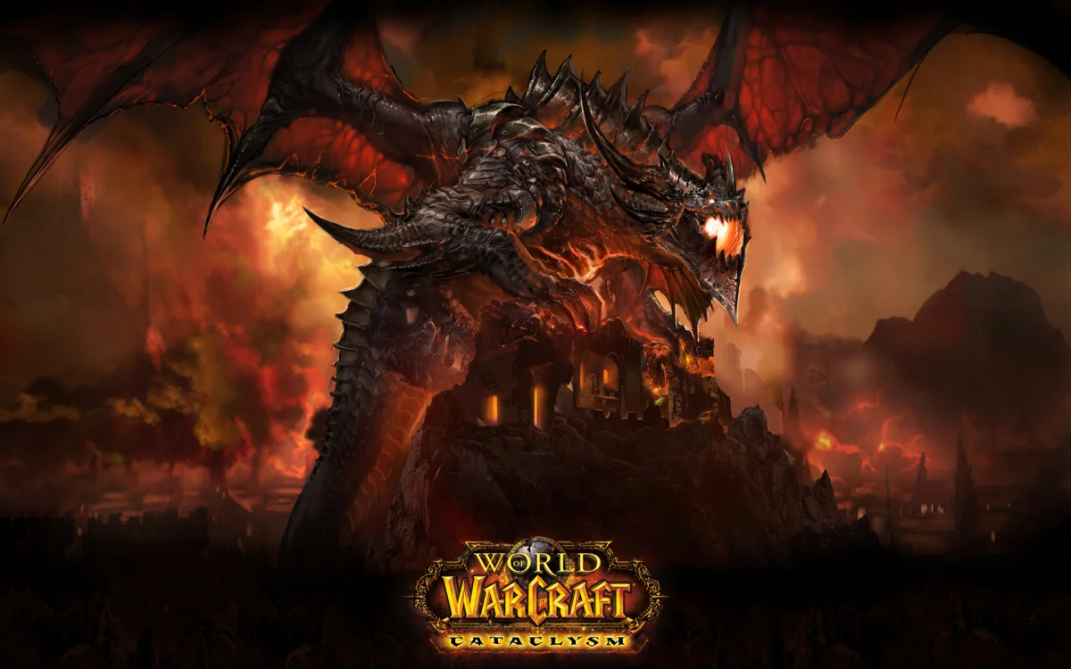 Deathwing above the burning ruins in World of Warcraft