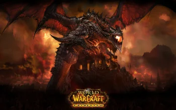 Deathwing above the burning ruins in World of Warcraft