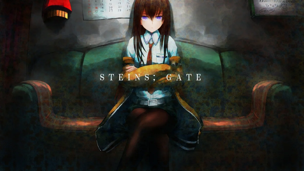 Курісу Макісе в напівтемряві кімнати з гри Steins;Gate