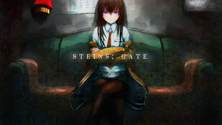 Курісу Макісе в напівтемряві кімнати з гри Steins;Gate