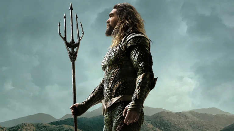 Jason Momoa as Aquaman with his trident