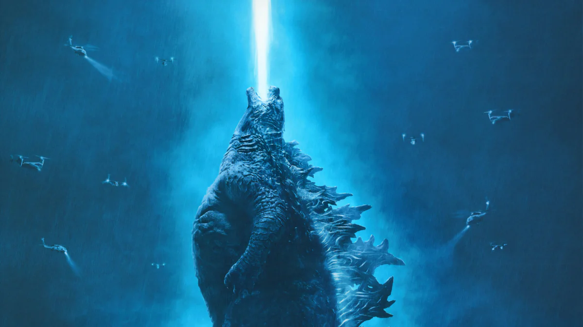 Godzilla firing a blue-glowing atomic beam