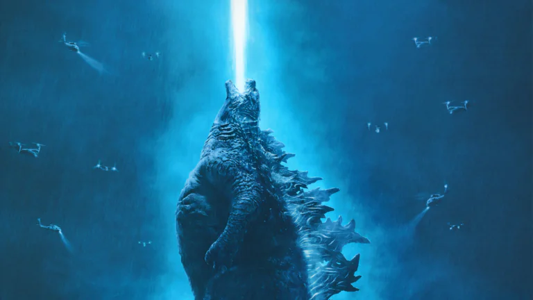 Godzilla firing a blue-glowing atomic beam