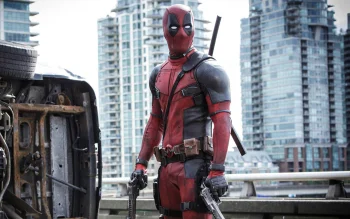 Deadpool against the backdrop of Vancouver's skyscrapers