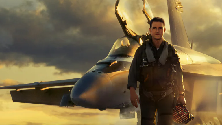 Tom Cruise as Pete Mitchell, with an F/A-18 Super Hornet in the background