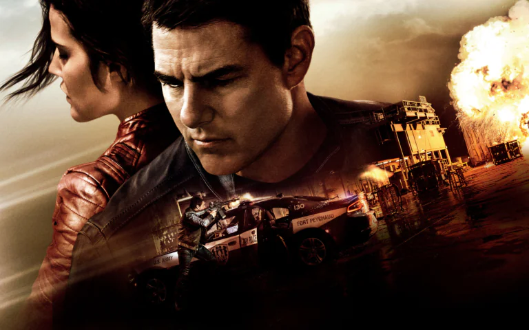 Tom Cruise and Cobie Smulders in a tense scene from the action movie "Jack Reacher 2"