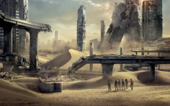 A group of survivors among the ruins of a post-apocalyptic city buried in sand