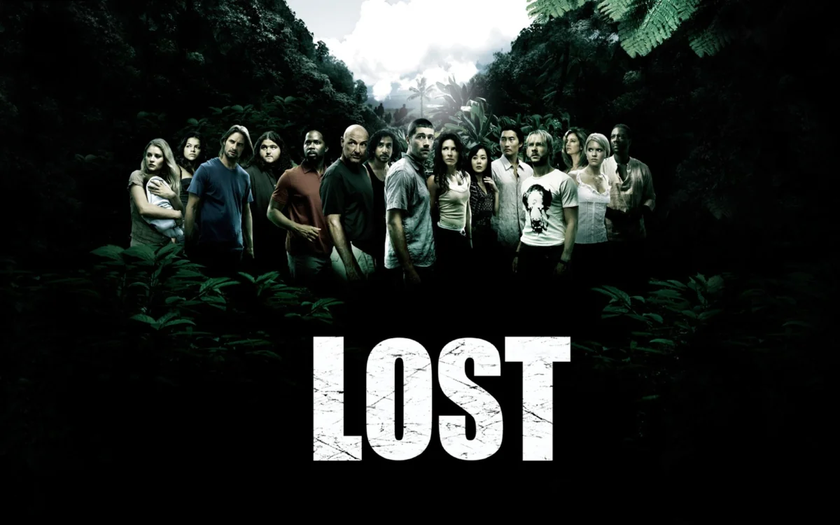 The characters from the TV series "Lost" against the backdrop of a tropical jungle