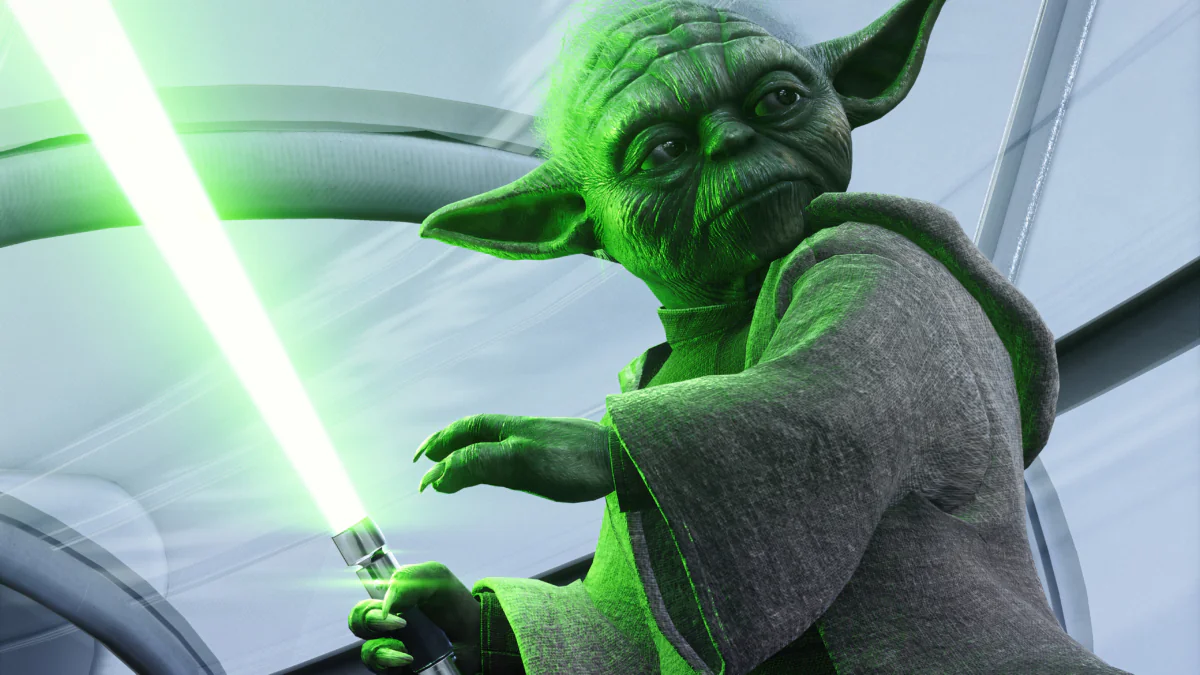 Master Yoda with a lightsaber in a scene from the "Star Wars" saga