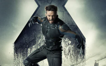 Hugh Jackman as Wolverine against the backdrop of the X-Men logo