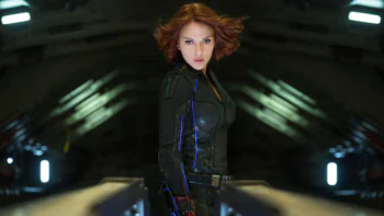 Scarlett Johansson as Black Widow aboard a spaceship