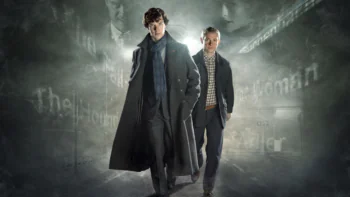 Benedict Cumberbatch and Martin Freeman as Sherlock Holmes and John Watson against the backdrop of foggy London