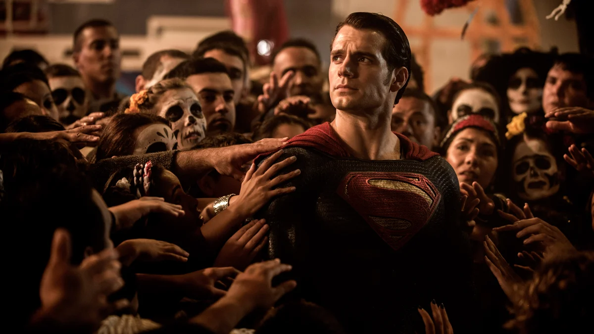 superman surrounded by people in costume at a party, superman, characters, actors, cinema, hands, henry cavill, holidays, look, views, glance, men, superheroes, women, movies