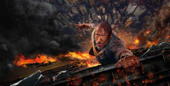 Dwayne Johnson as Will Sawyer against the backdrop of a burning skyscraper in Hong Kong